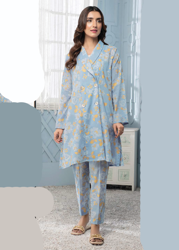 U2931 Ice-Blue Gold Paste Print Lawn Shirt 1 Piece by LimeLight